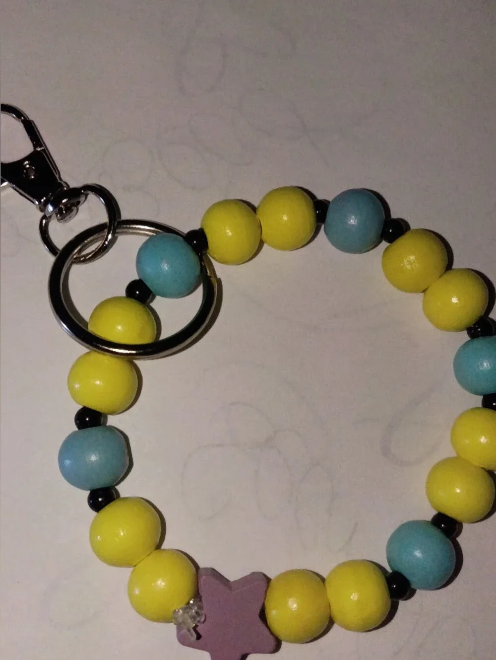 Yellow & Blue Beaded Keychain Wristlet with Purple Star